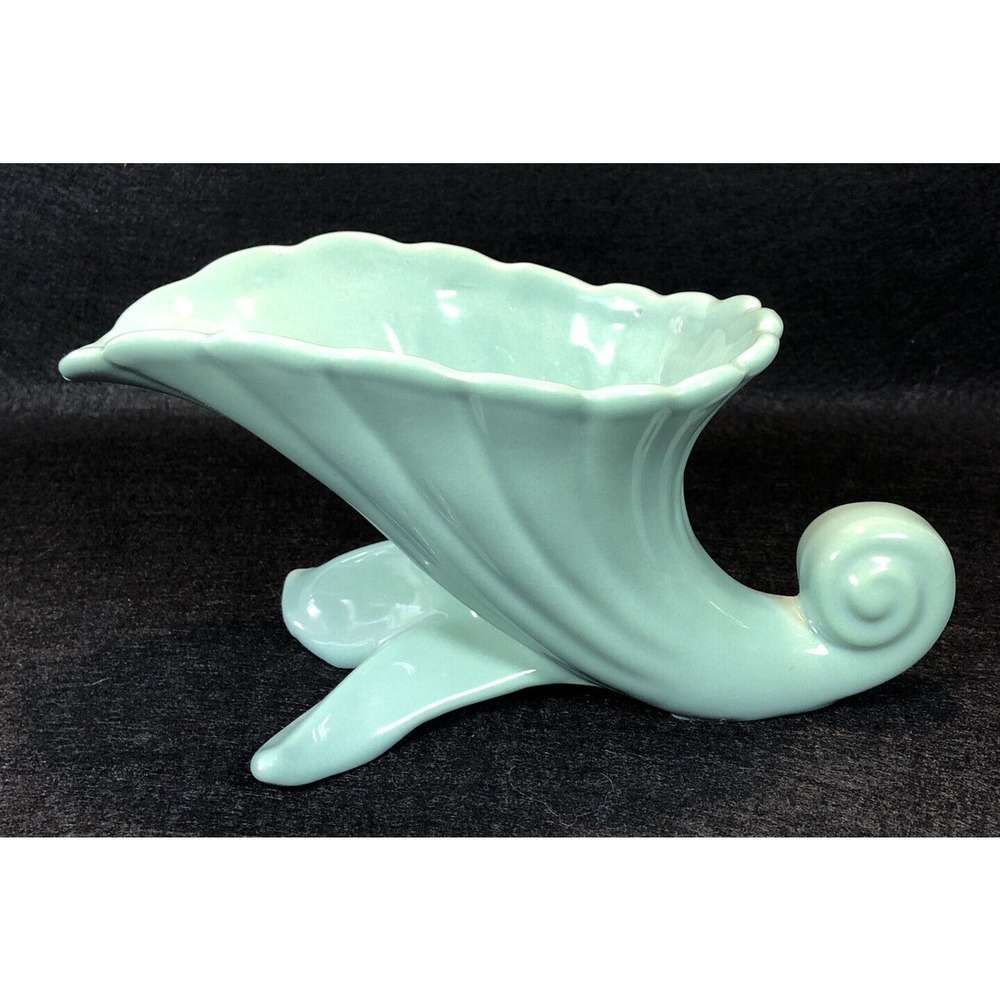 VTG Abingdon Green Art Deco Cornucopia Pottery Vase Planter USA